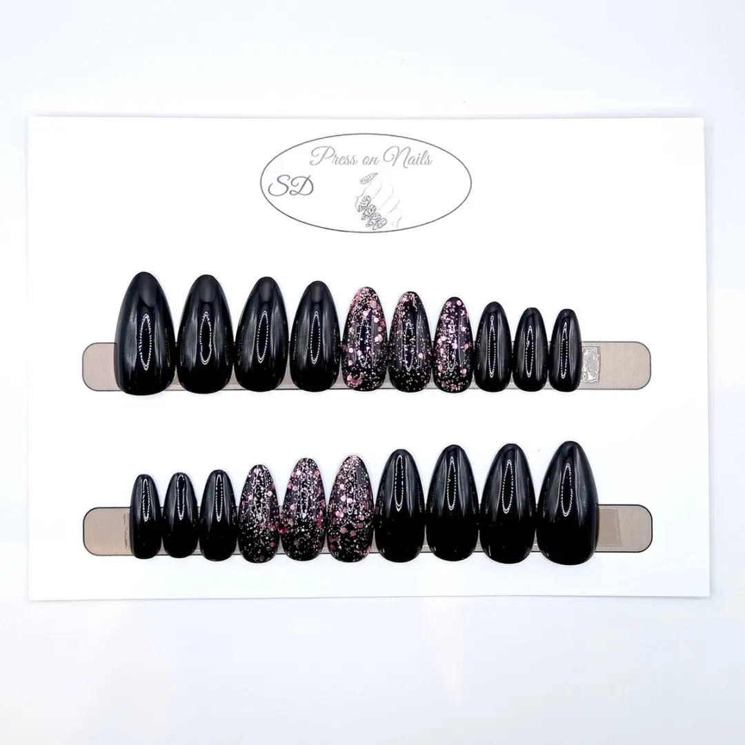 SD Press on Nails B-115 Plaknagels - 20 Stuks - Zwart Glitter