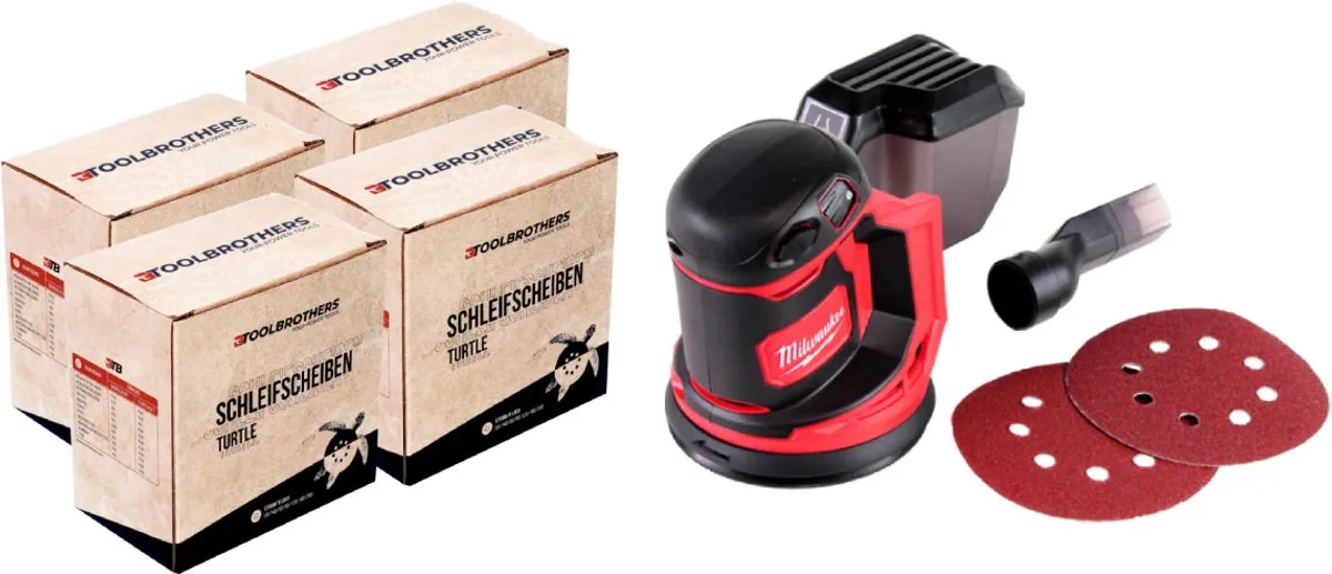 4x Toolbrothers TURTLE schuurset 125mm + Milwaukee M18 BOS125-0 accu excentrische schuurmachine 18V 125mm solo - zonder accu, zonder lader