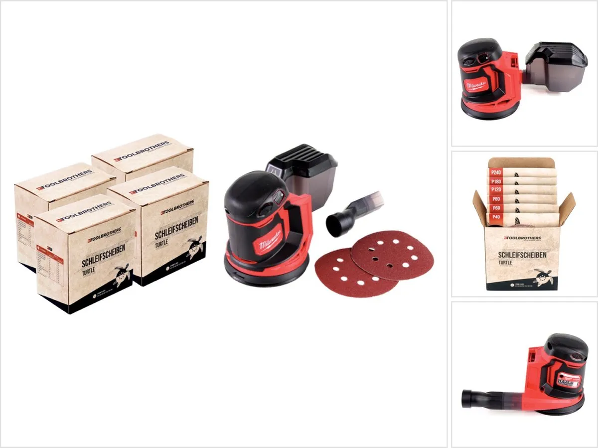 4x Toolbrothers TURTLE schuurset 125mm + Milwaukee M18 BOS125-0 accu excentrische schuurmachine 18V 125mm solo - zonder accu, zonder lader