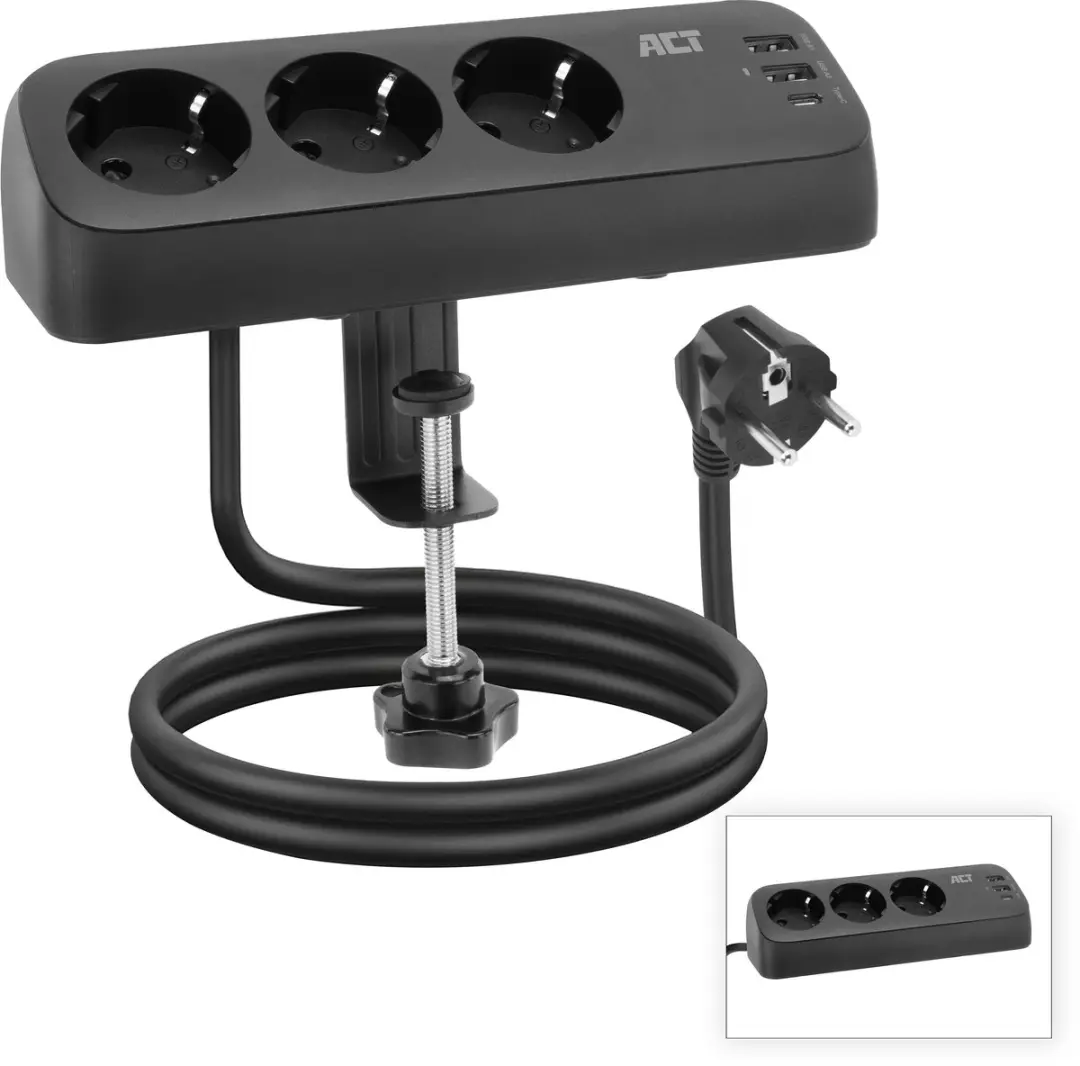 ACT Stekkerdoos AC2480 - 3 Type-F stopcontacten 3680W - 3x USB - 1,5m - Zwart