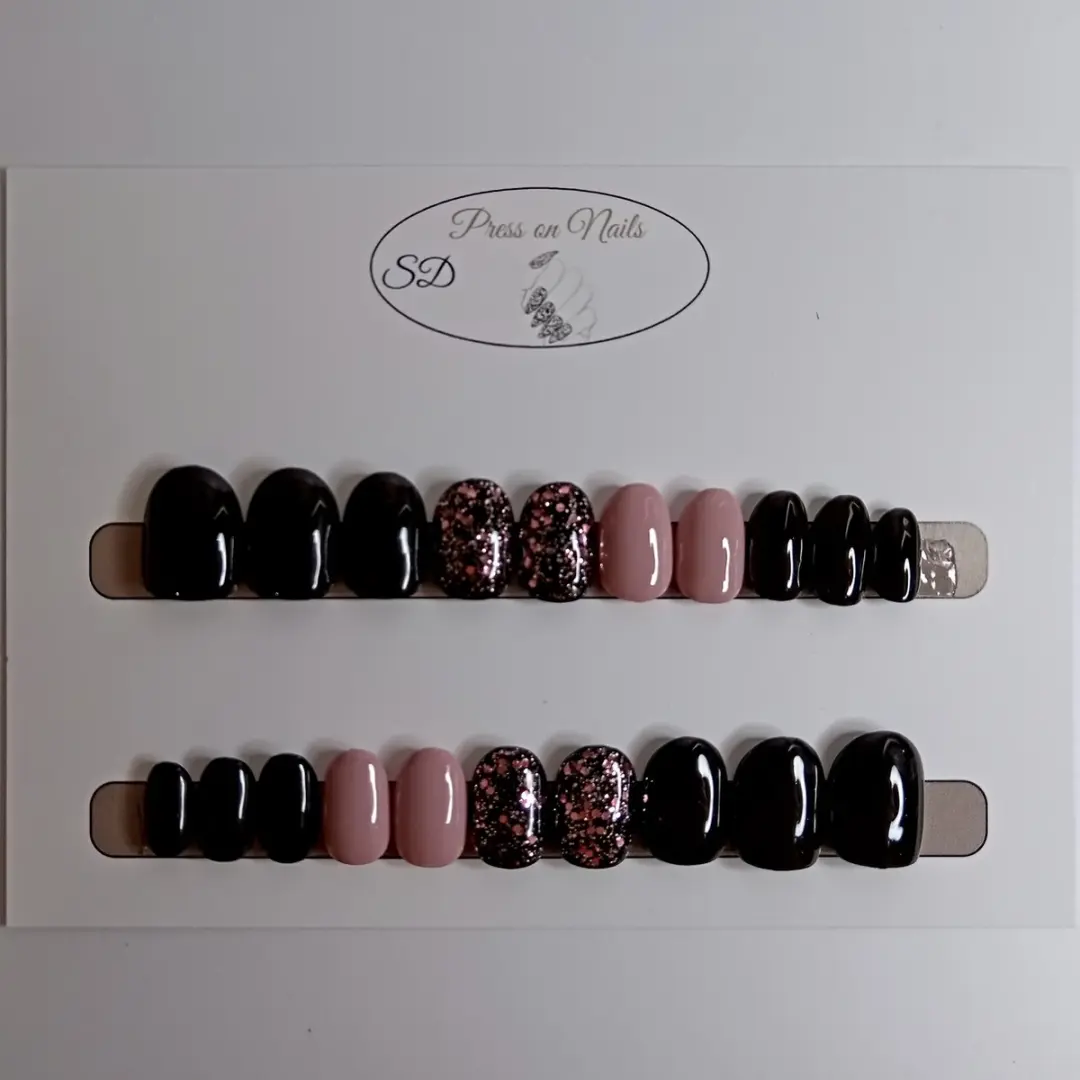SD Press on Nails B111 Plaknagels - Zwart Roze Glitter - 20 Stuks