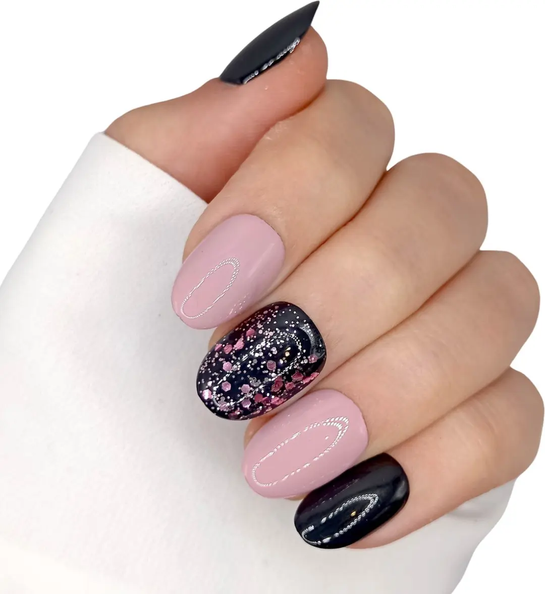 SD Press on Nails B111 Plaknagels - Zwart Roze Glitter - 20 Stuks