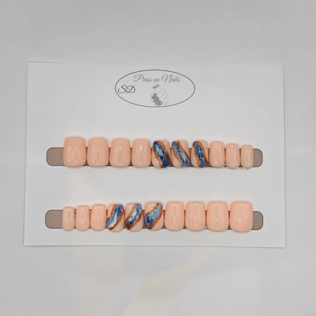 SD Press on Nails B-264 Plaknagels - 20 Stuks - Nude Blauw Marmer - XS Coffin