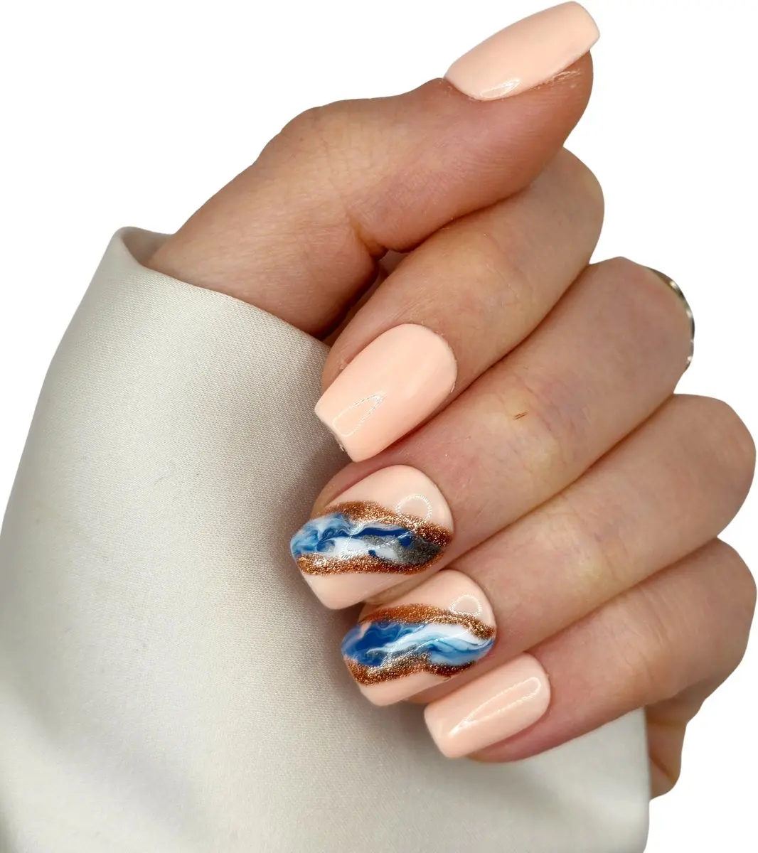 SD Press on Nails B-264 Plaknagels - 20 Stuks - Nude Blauw Marmer - XS Coffin