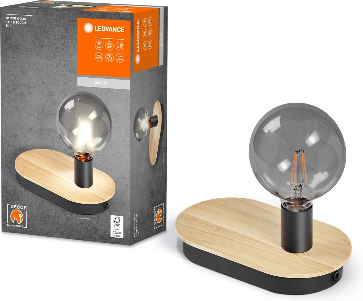 LEDVANCE Houten Tafellamp USB E27 - Zwart/Hout