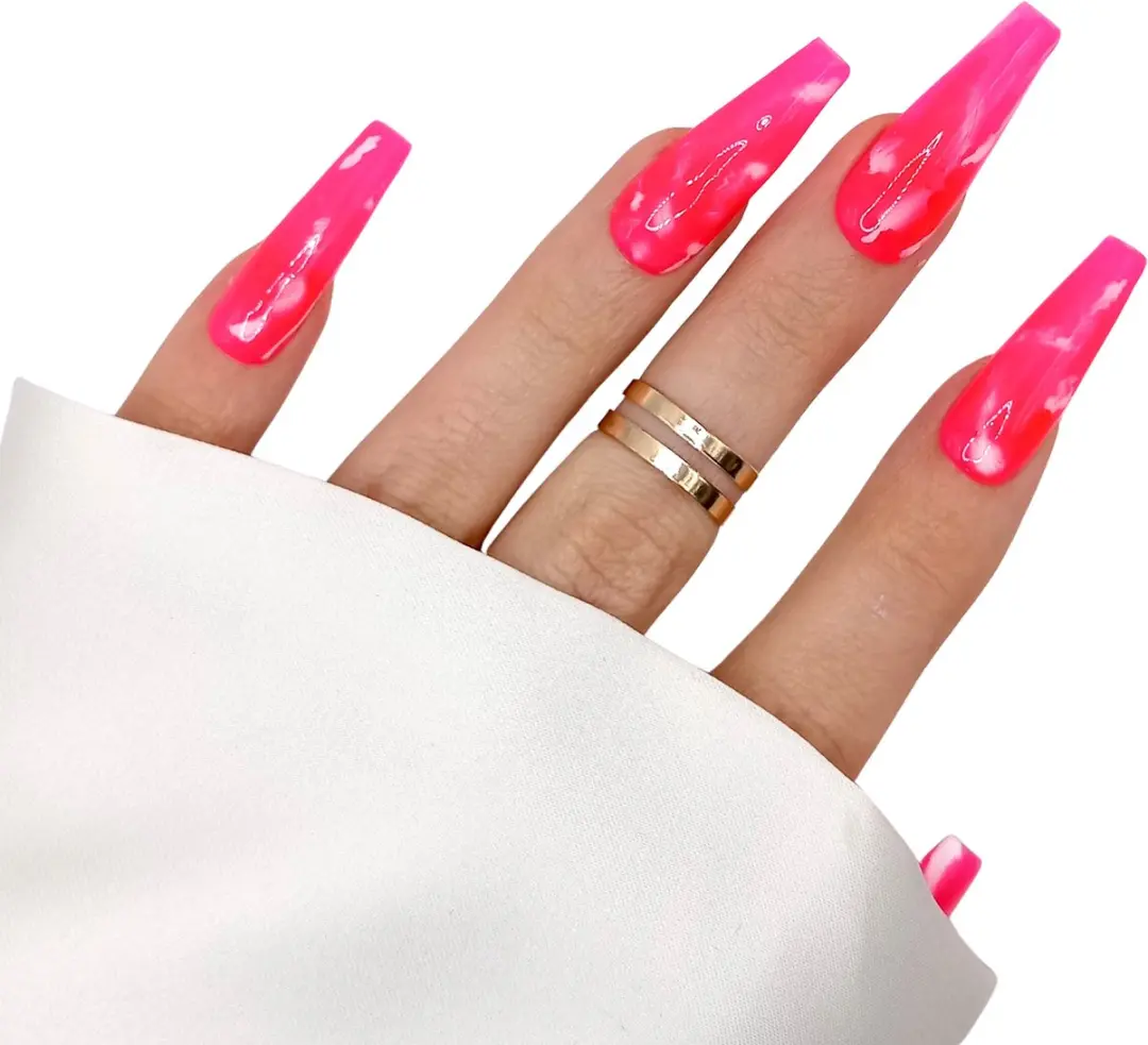 SD Press on Nails B-224 XL Coffin Roze Marble Nagels - 20 Stuks