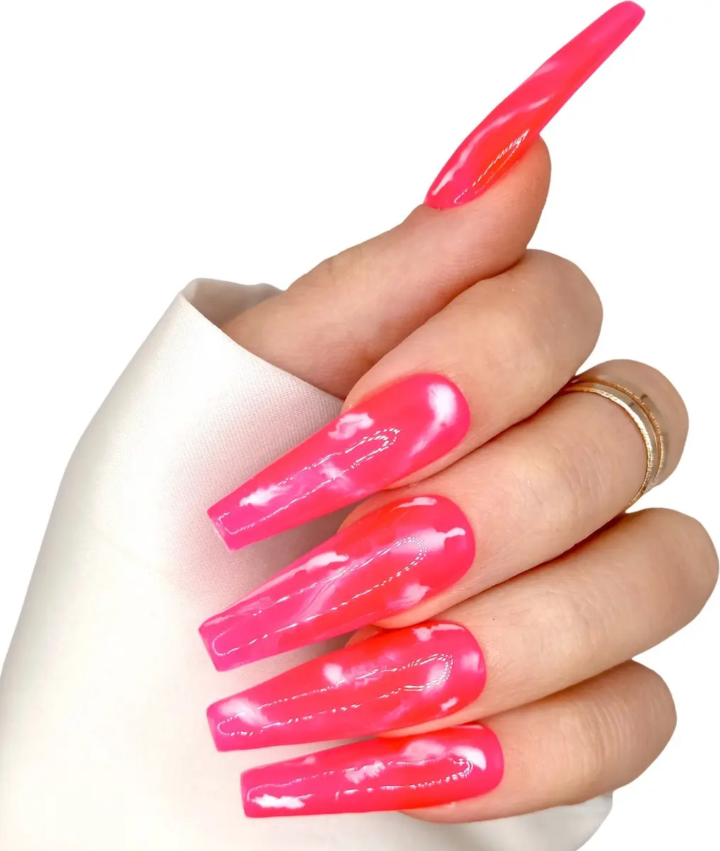 SD Press on Nails B-224 XL Coffin Roze Marble Nagels