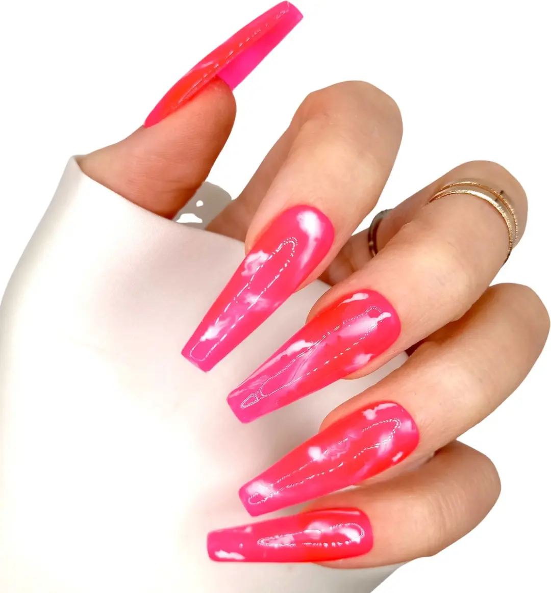 SD Press on Nails B-224 XL Coffin Roze Marble Nagels - 20 Stuks