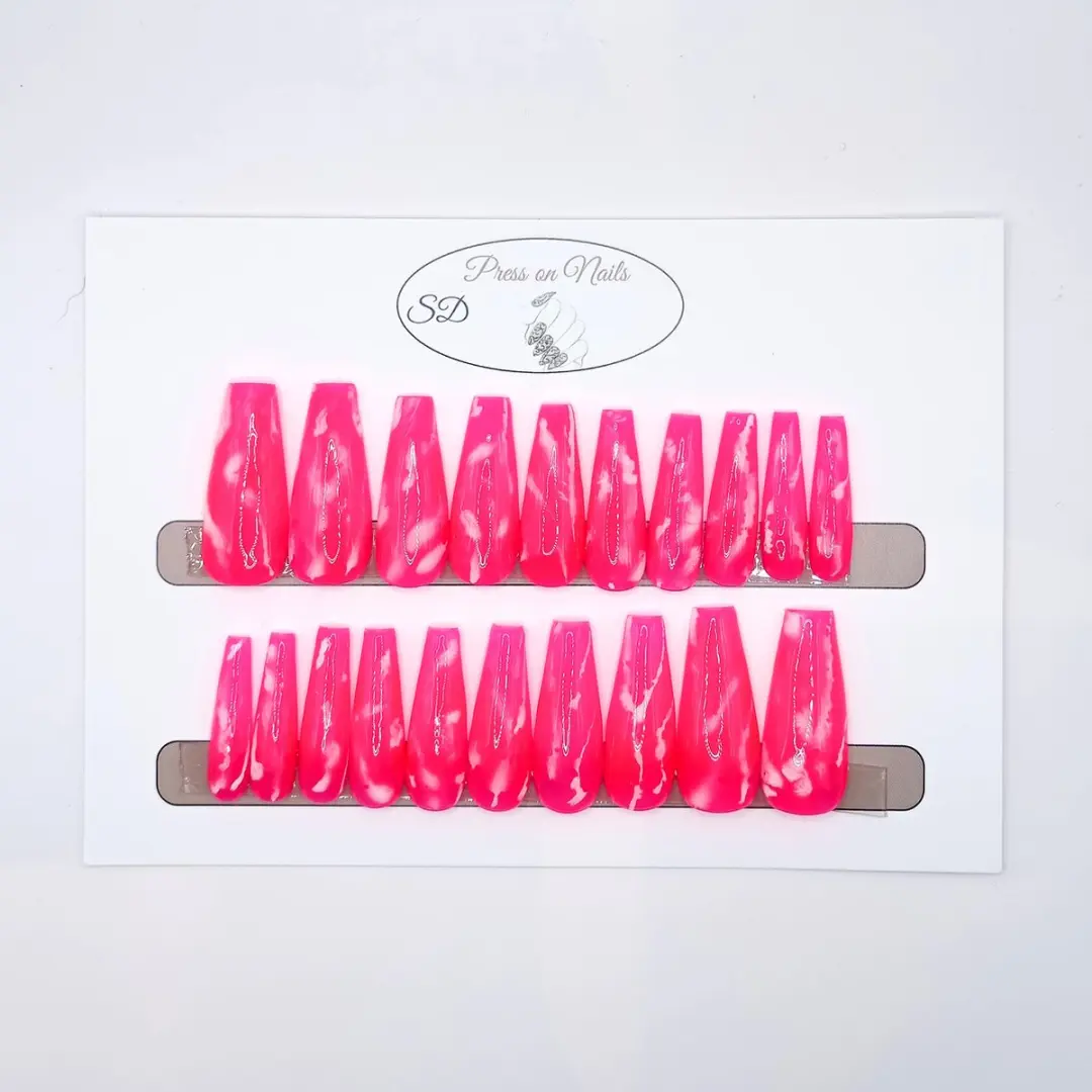 SD Press on Nails B-224 XL Coffin Roze Marble Nagels - 20 Stuks - afbeelding 6 van 6
