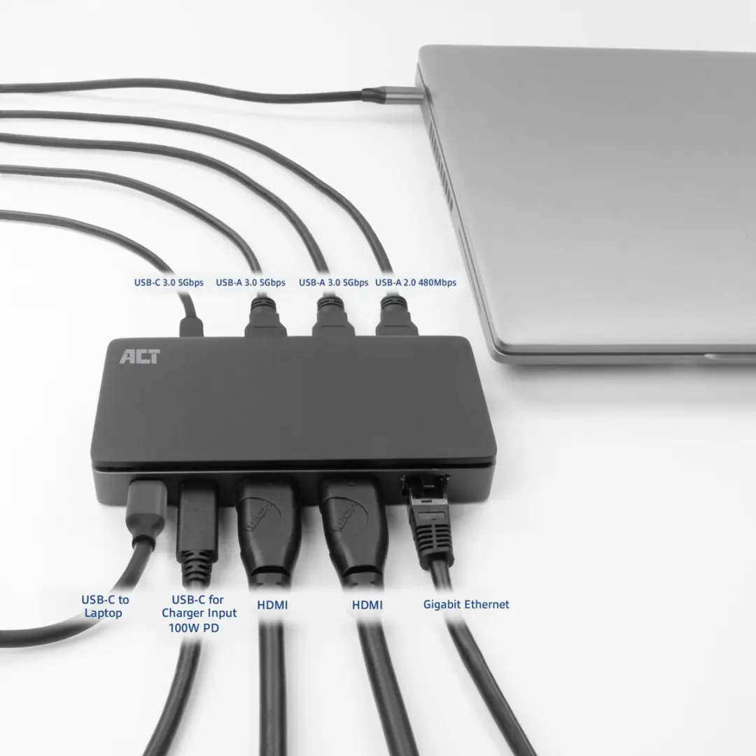 ACT AC7093 USB-C Dockingstation 4K - 2x HDMI, Ethernet, 3x USB-A, PD
