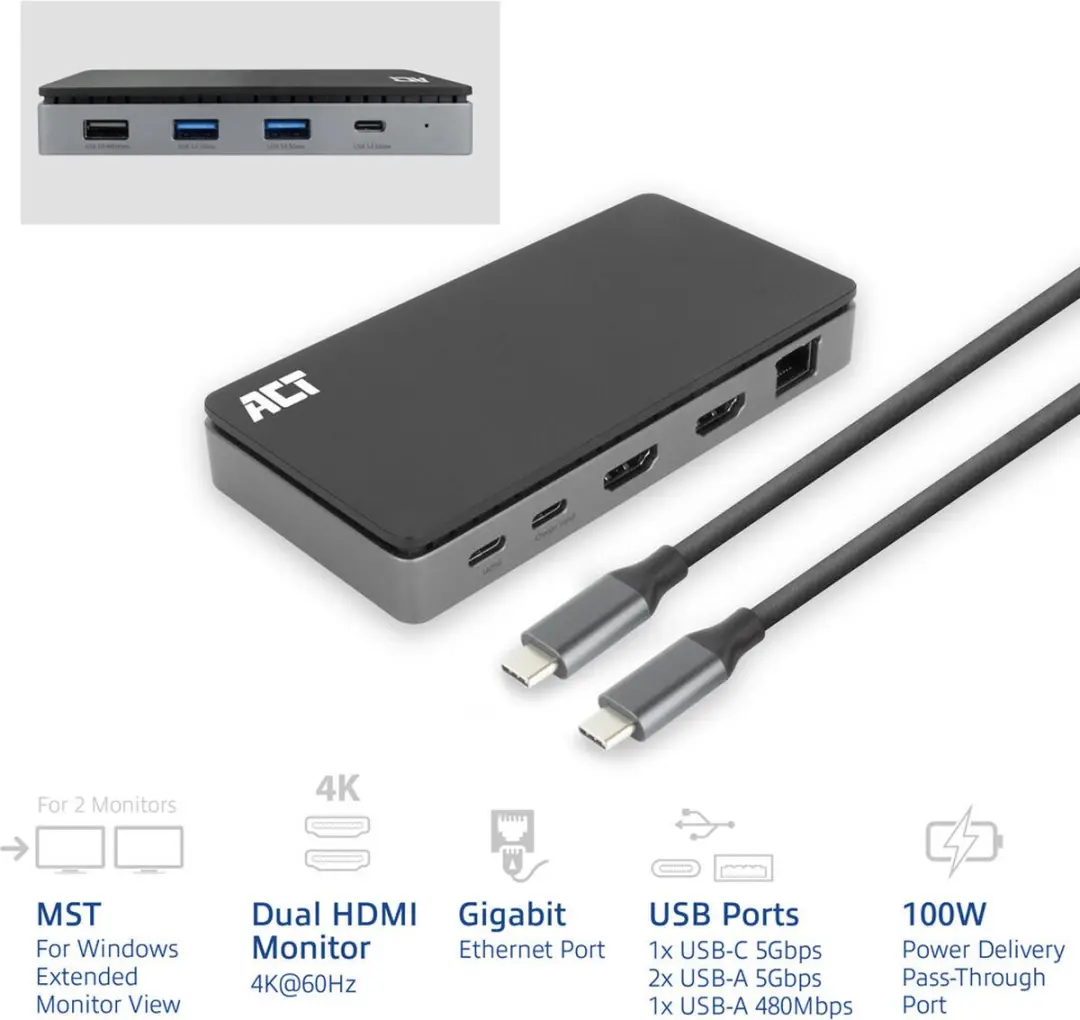 ACT AC7093 USB-C Dockingstation 4K - 2x HDMI, Ethernet, 3x USB-A, PD