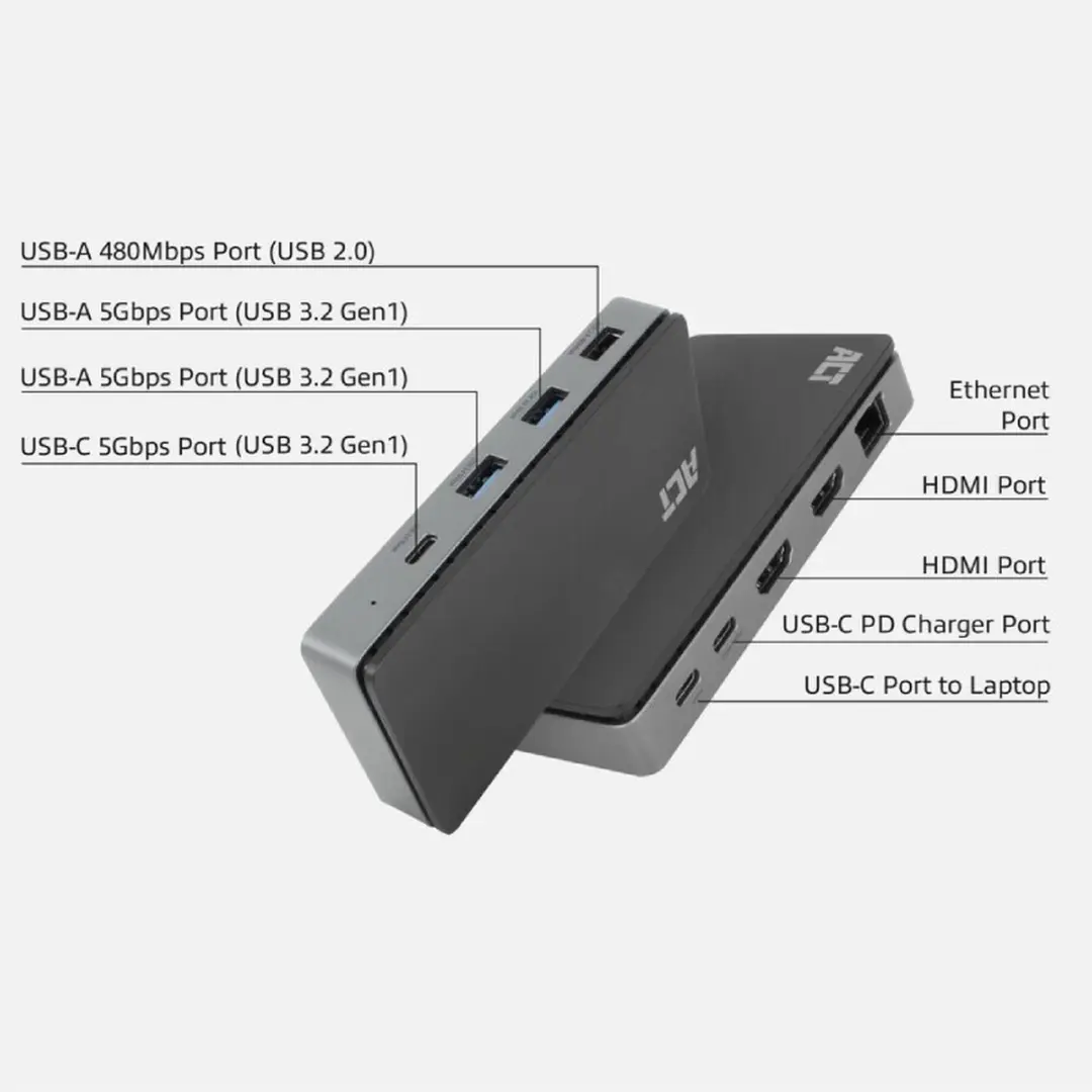 ACT AC7093 USB-C Dockingstation 4K - 2x HDMI, Ethernet, 3x USB-A, PD