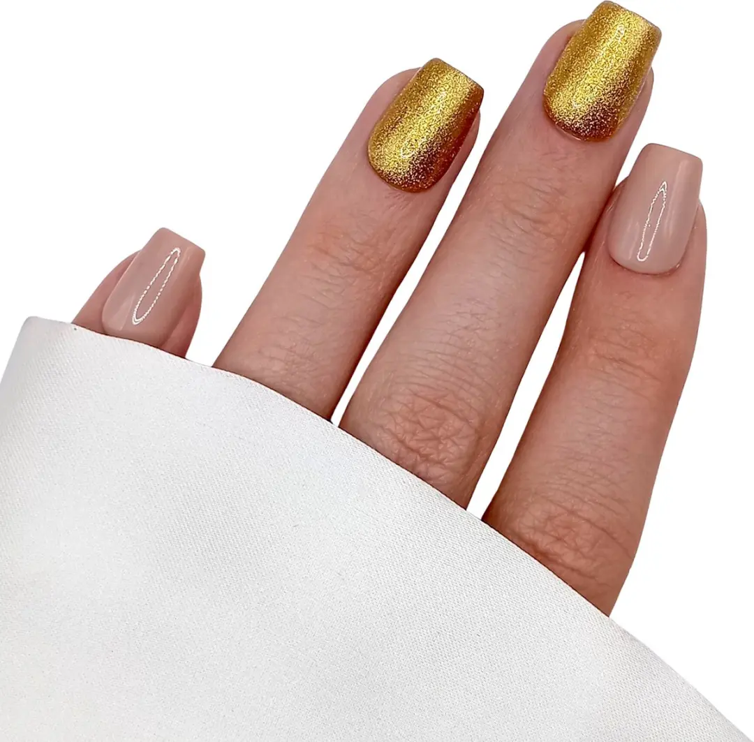 SD Press on Nails B-128 Nude Goud Plaknagels - 20 Stuks - XS Coffin