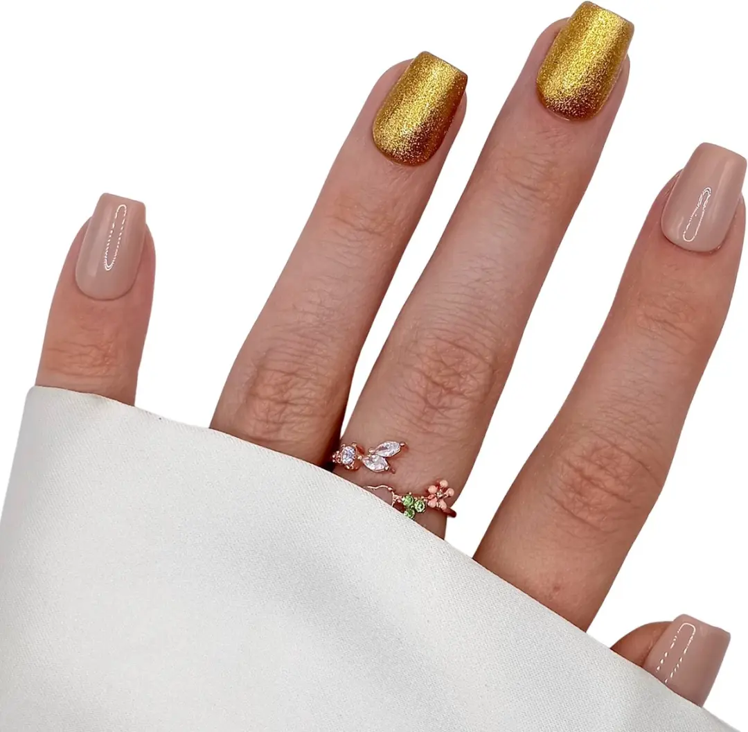 SD Press on Nails B-128 Nude Goud Plaknagels - 20 Stuks - XS Coffin