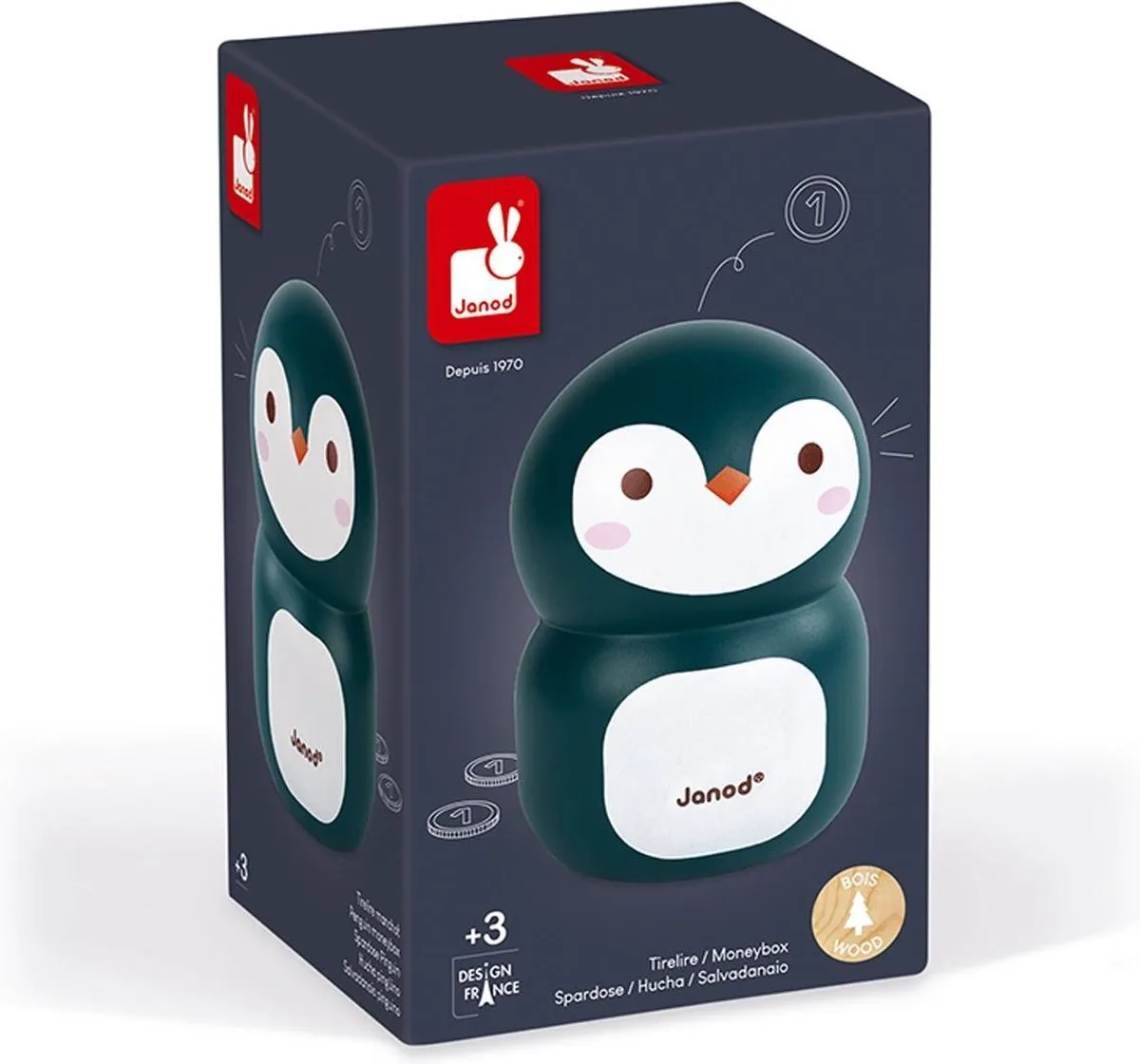 Janod Pinguïn Houten Spaarpot - Zwart-wit