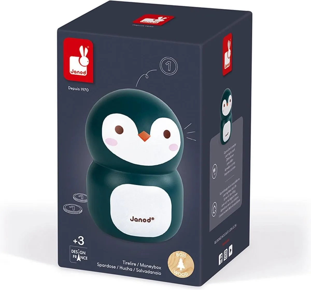Janod Pinguïn Houten Spaarpot - Zwart-wit - afbeelding 6 van 6