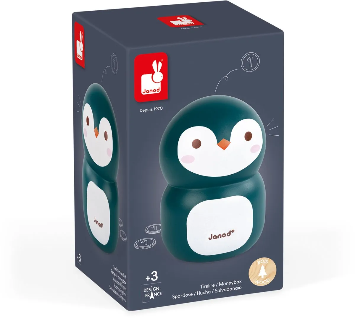 Janod Pinguïn Houten Spaarpot - Zwart-wit