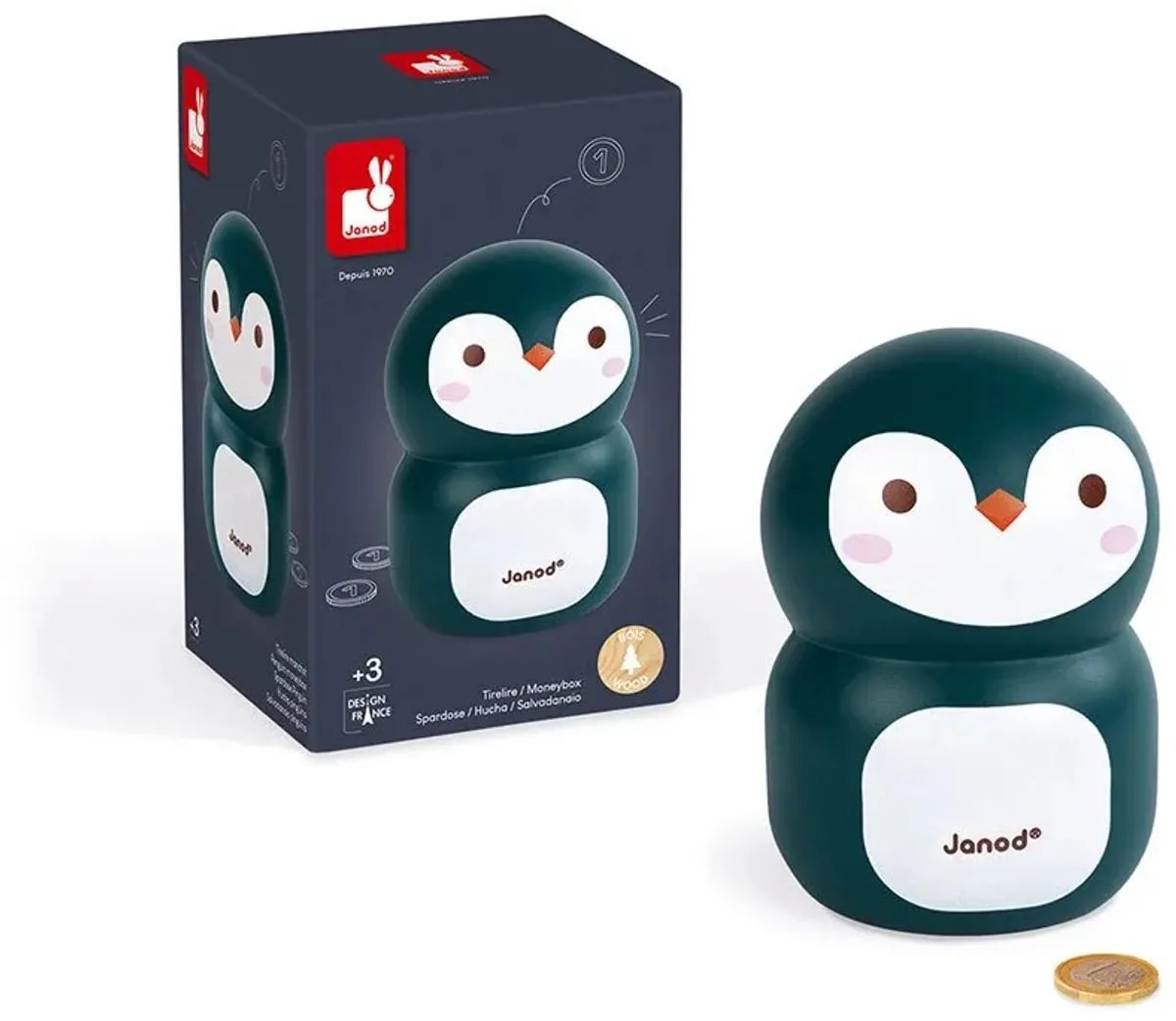 Janod Pinguïn Houten Spaarpot - Zwart-wit