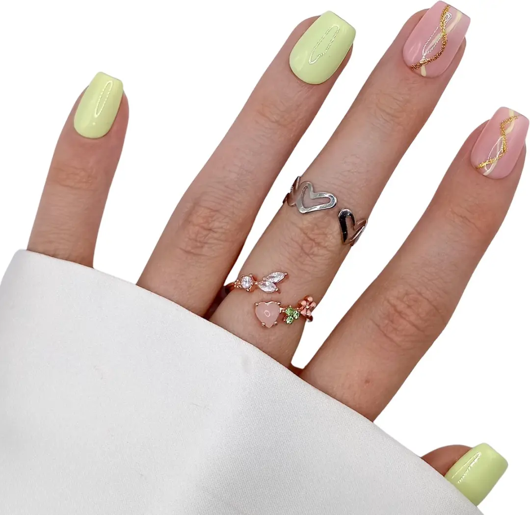 SD Press on Nails B-125 Pastel Geelgroen Nagelset - XS Coffin Nepnagels