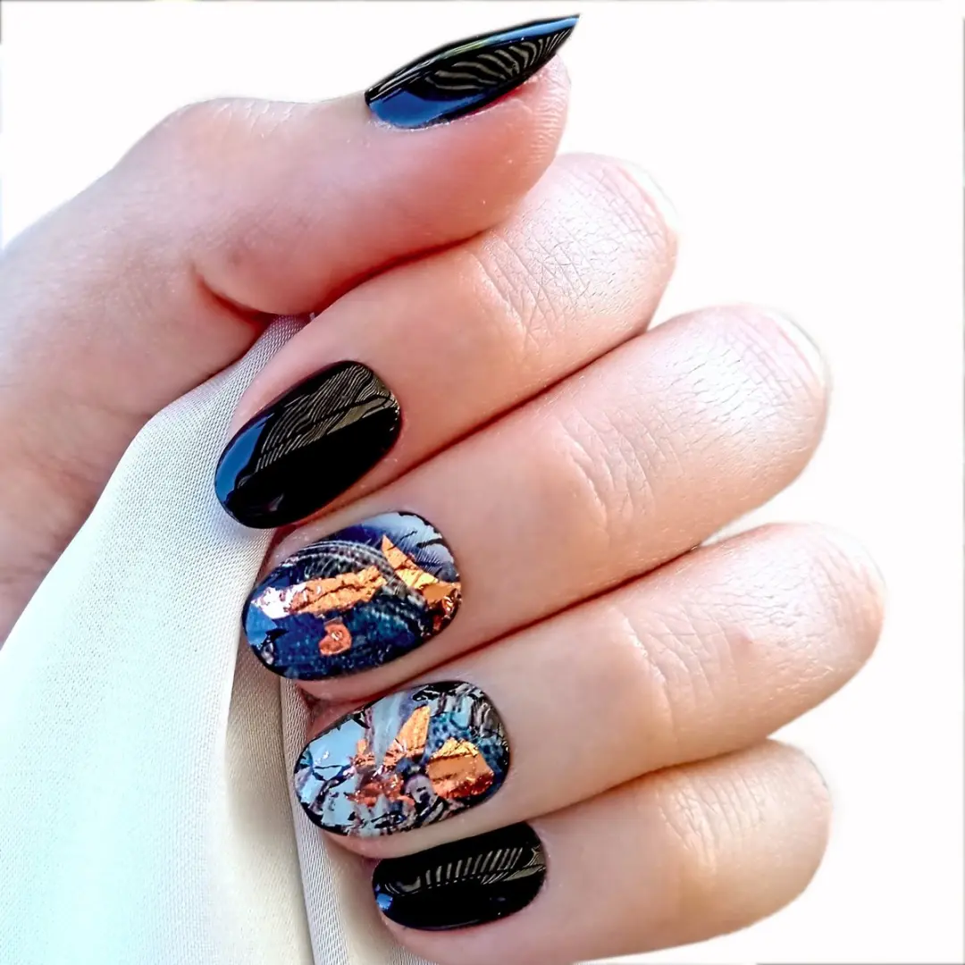 SD Press on Nails B122 Plaknagels - 20 Stuks - Zwart Blauw Marble - XS