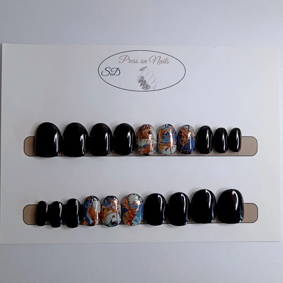 SD Press on Nails B122 Plaknagels - 20 Stuks - Zwart Blauw Marble - XS