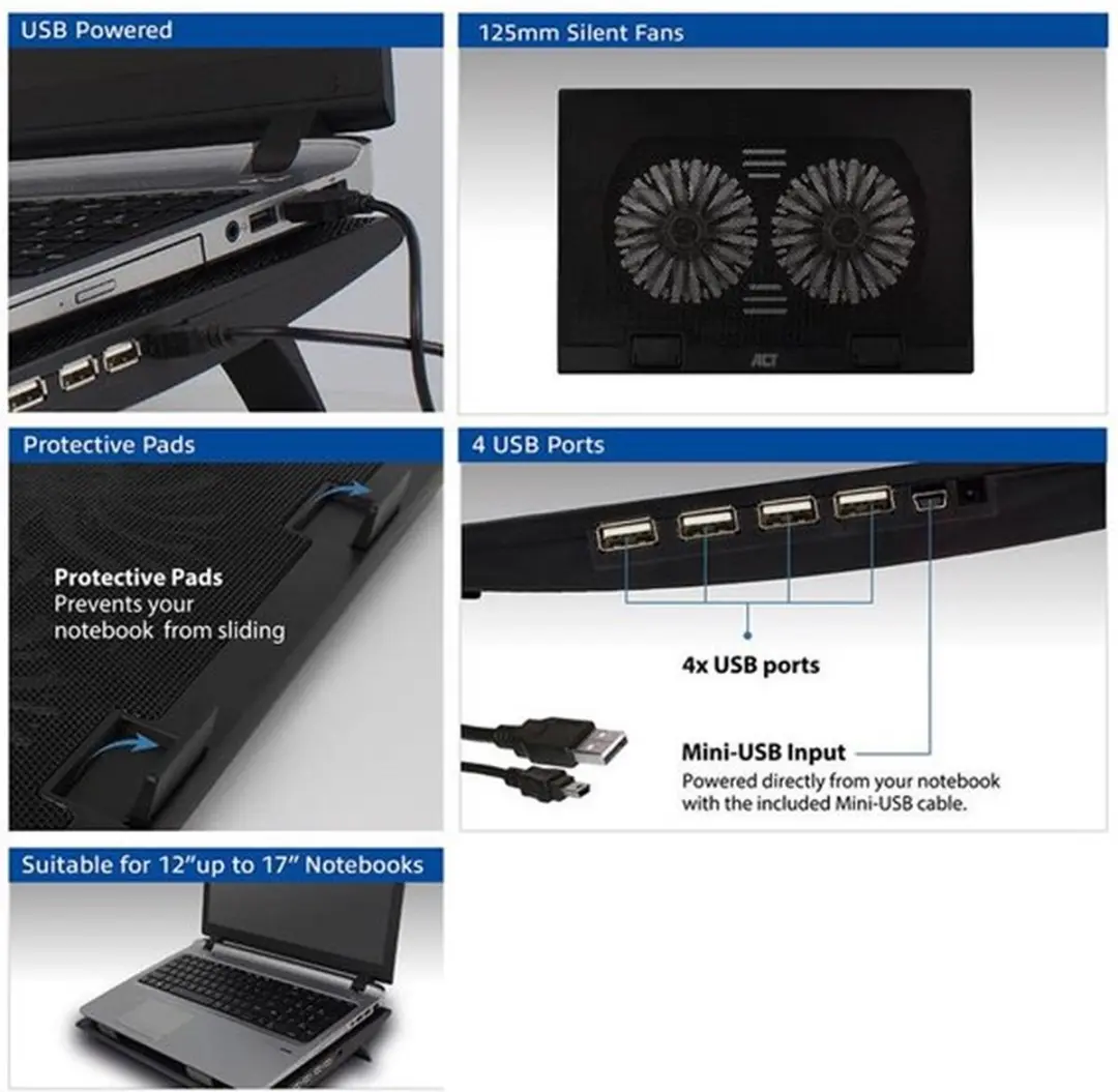 ACT Laptopstandaard AC8105 - 12-17" - 4-poorts USB-Hub - Zwart