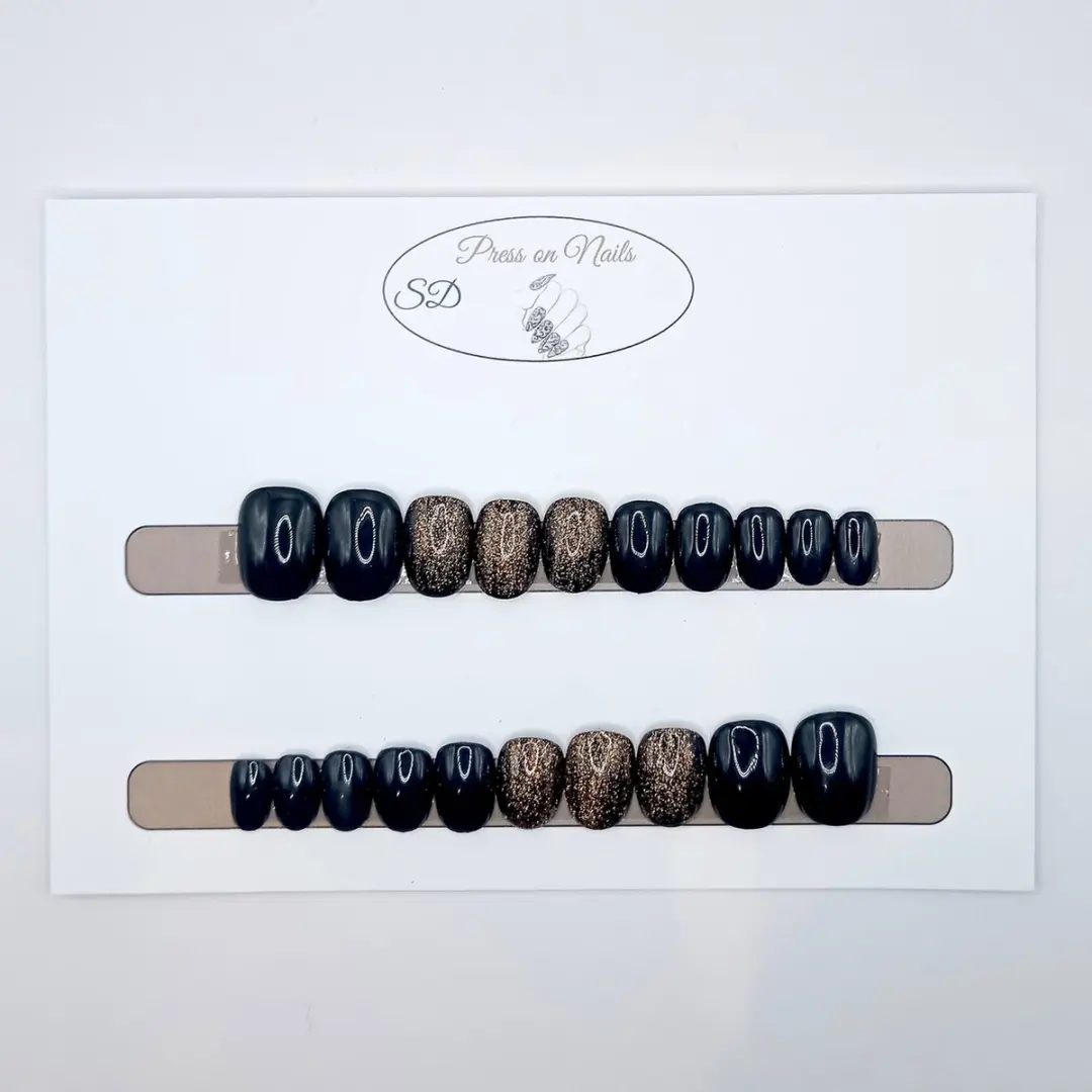 SD Press on Nails Zwart Glitter Goud Nagelset - 20 Stuks - XS