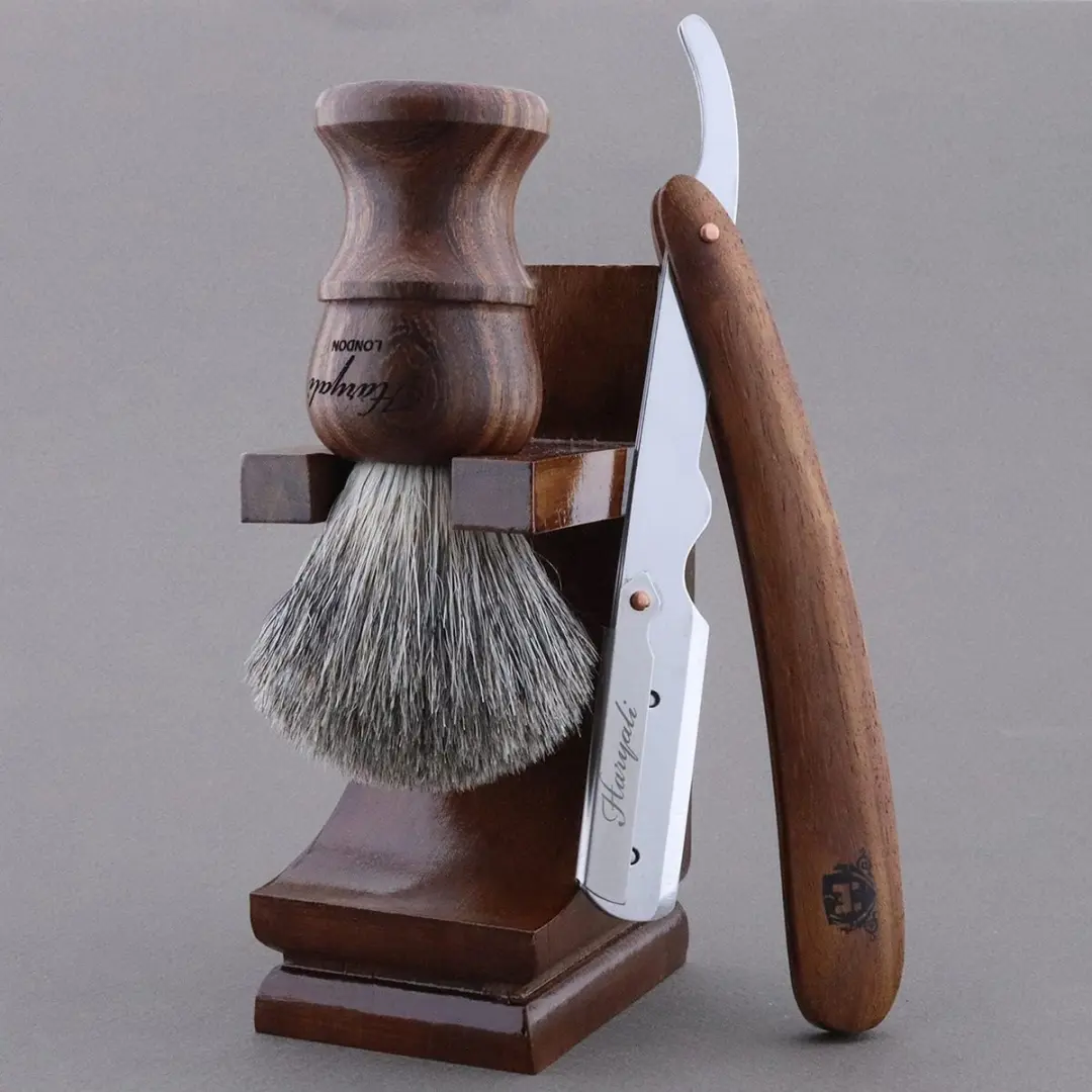 Haryali London Cut Throat Scheerset 3-delig - Houten Standaard