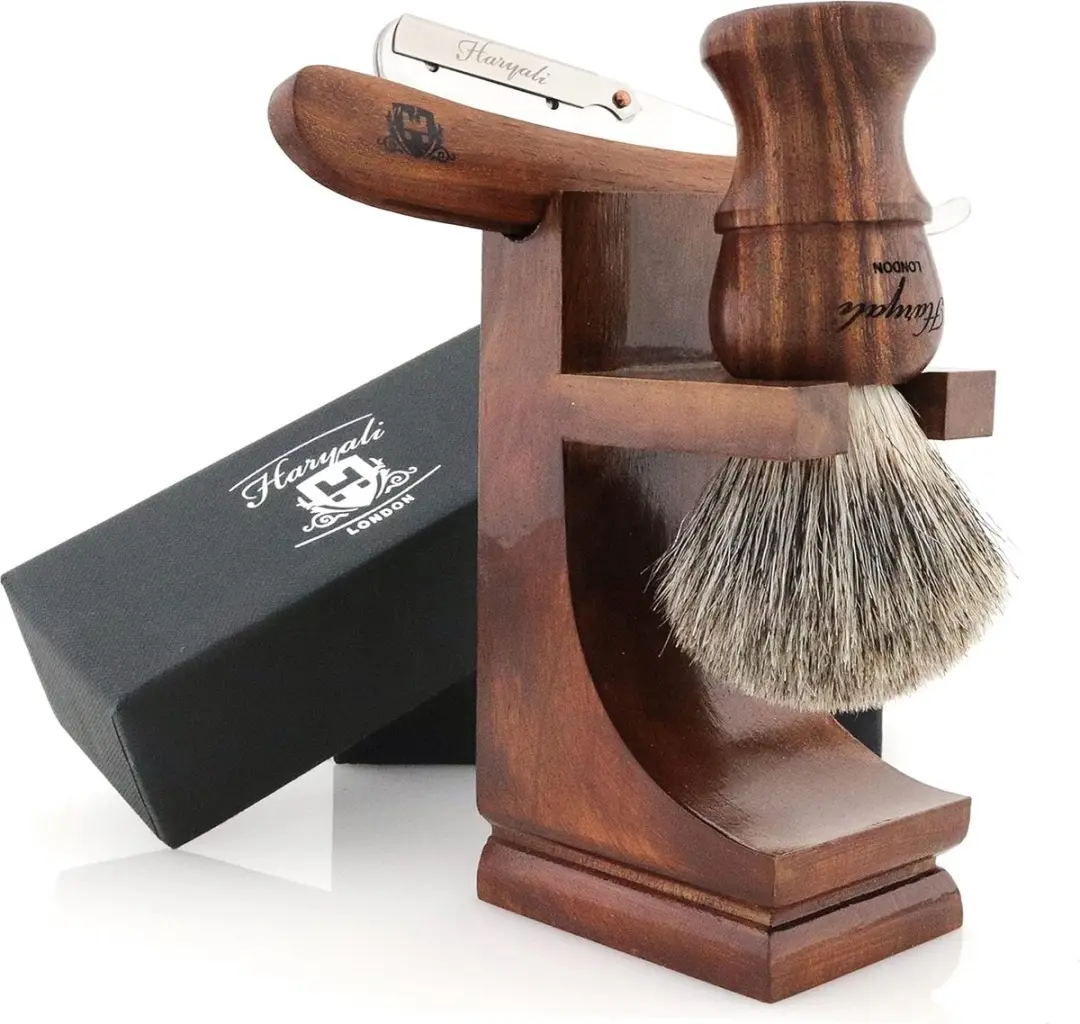 Haryali London Cut Throat Scheerset 3-delig - Houten Standaard - afbeelding 6 van 6