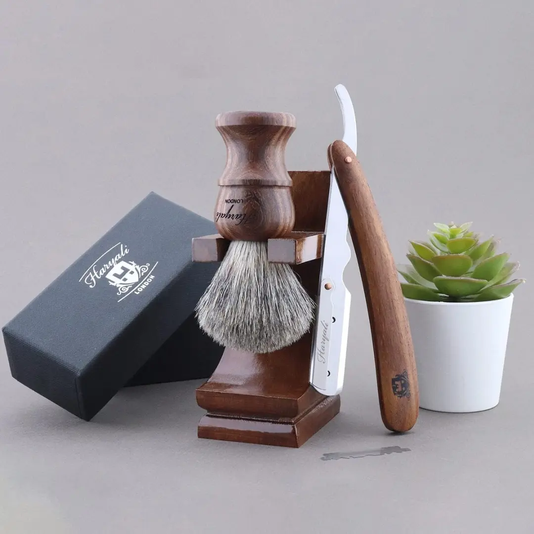 Haryali London Cut Throat Scheerset 3-delig - Houten Standaard