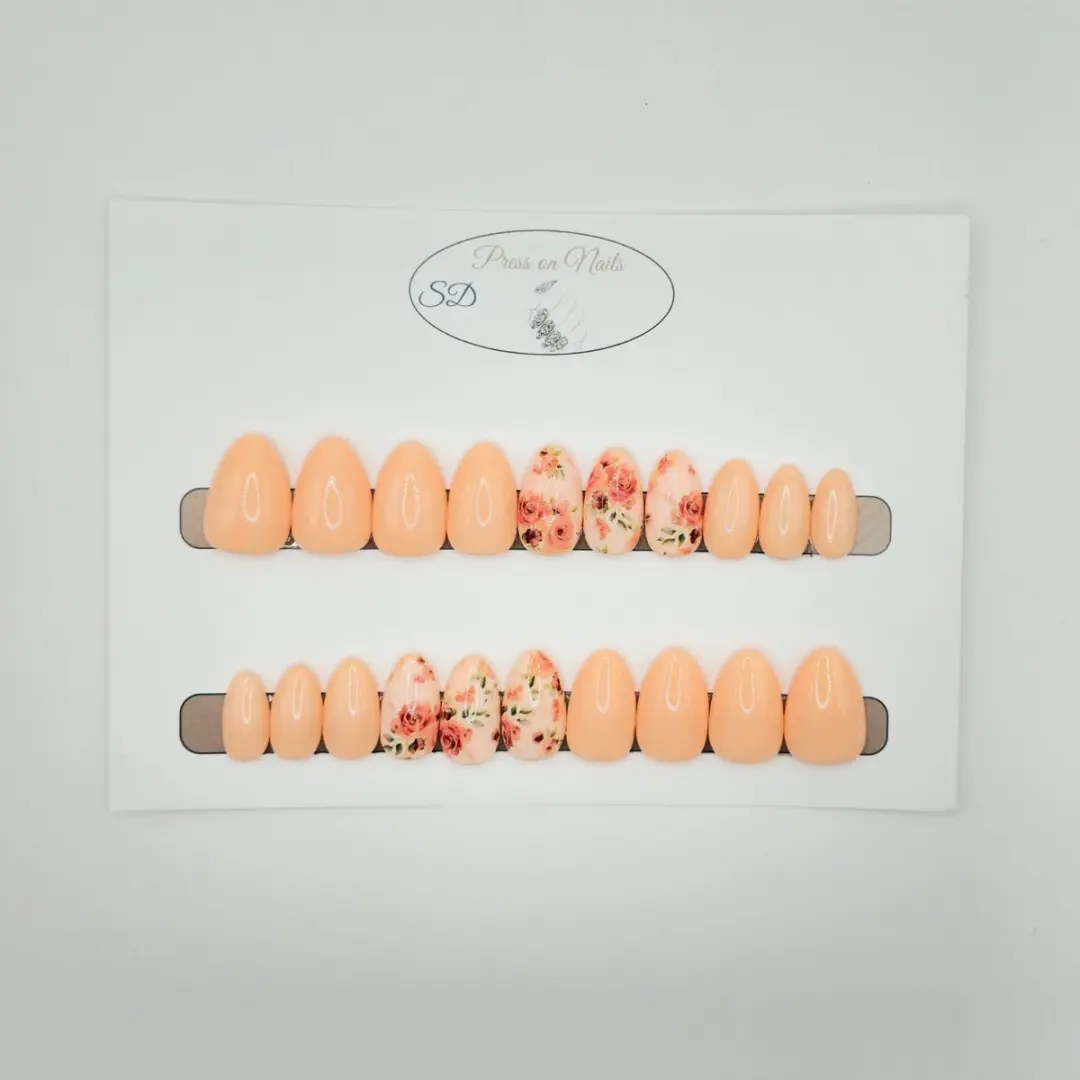 SD Press on Nails B-263 Plaknagels Nude Bloemen Medium Almond - 20 Stuks