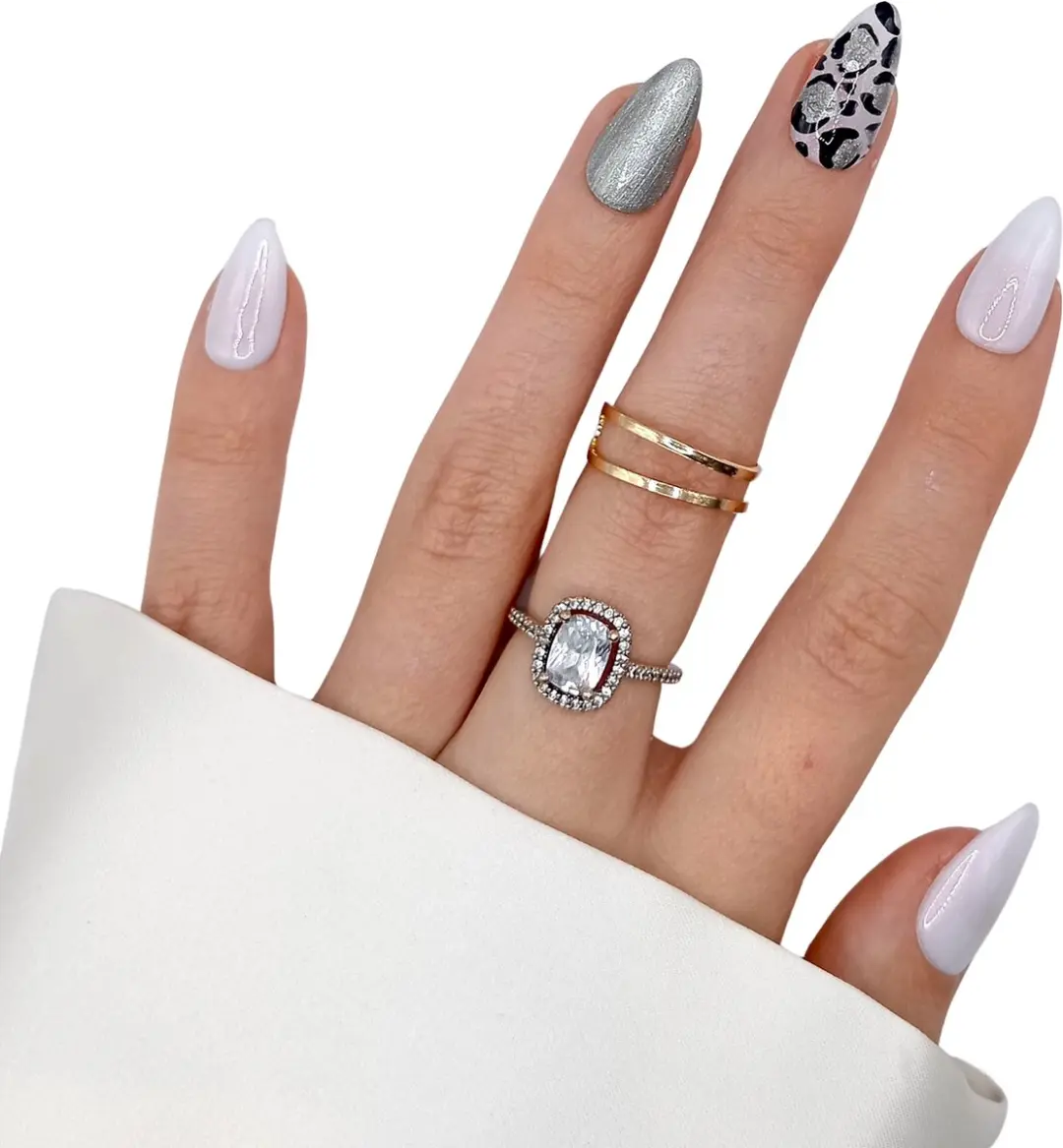 SD Press on Nails B-175 Plaknagels Stiletto Wit Zilver - 20 Stuks