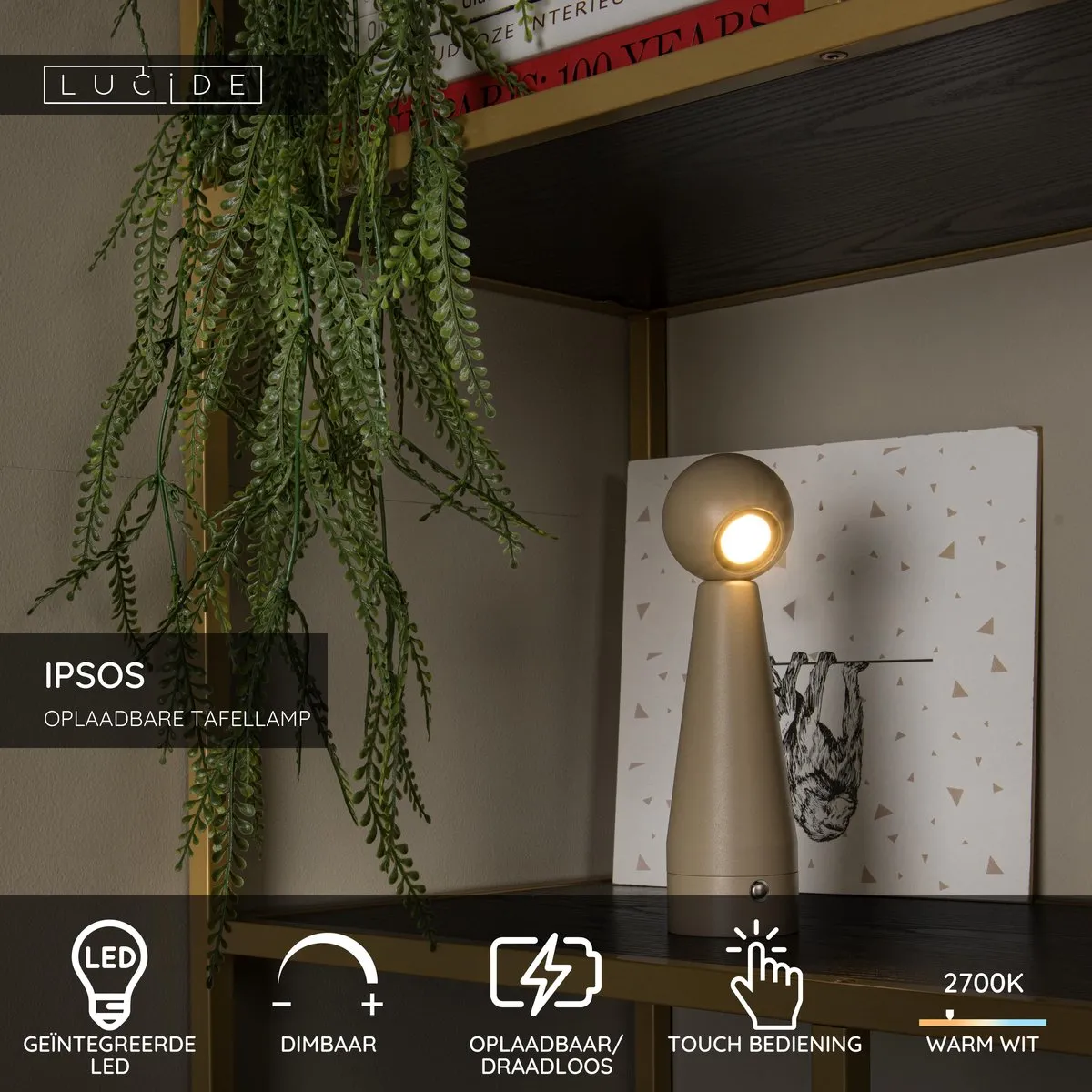 Lucide IPSOS - Oplaadbare Tafellamp - Accu/Batterij - LED Dimbaar - 1x3W 2700K - Taupe