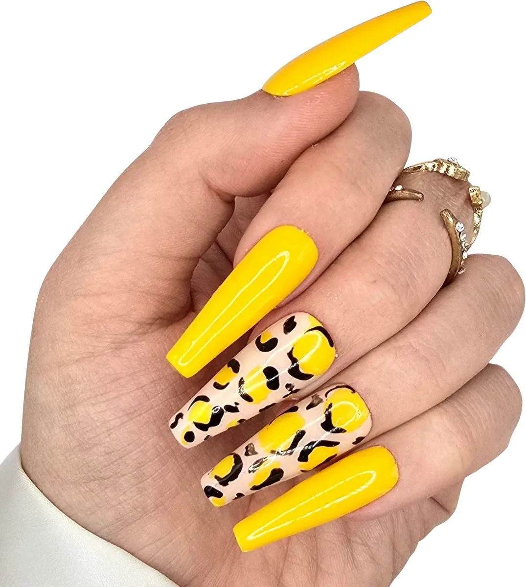 SD Press on Nails B-265 XL Coffin Geel Leopard - 20 Stuks
