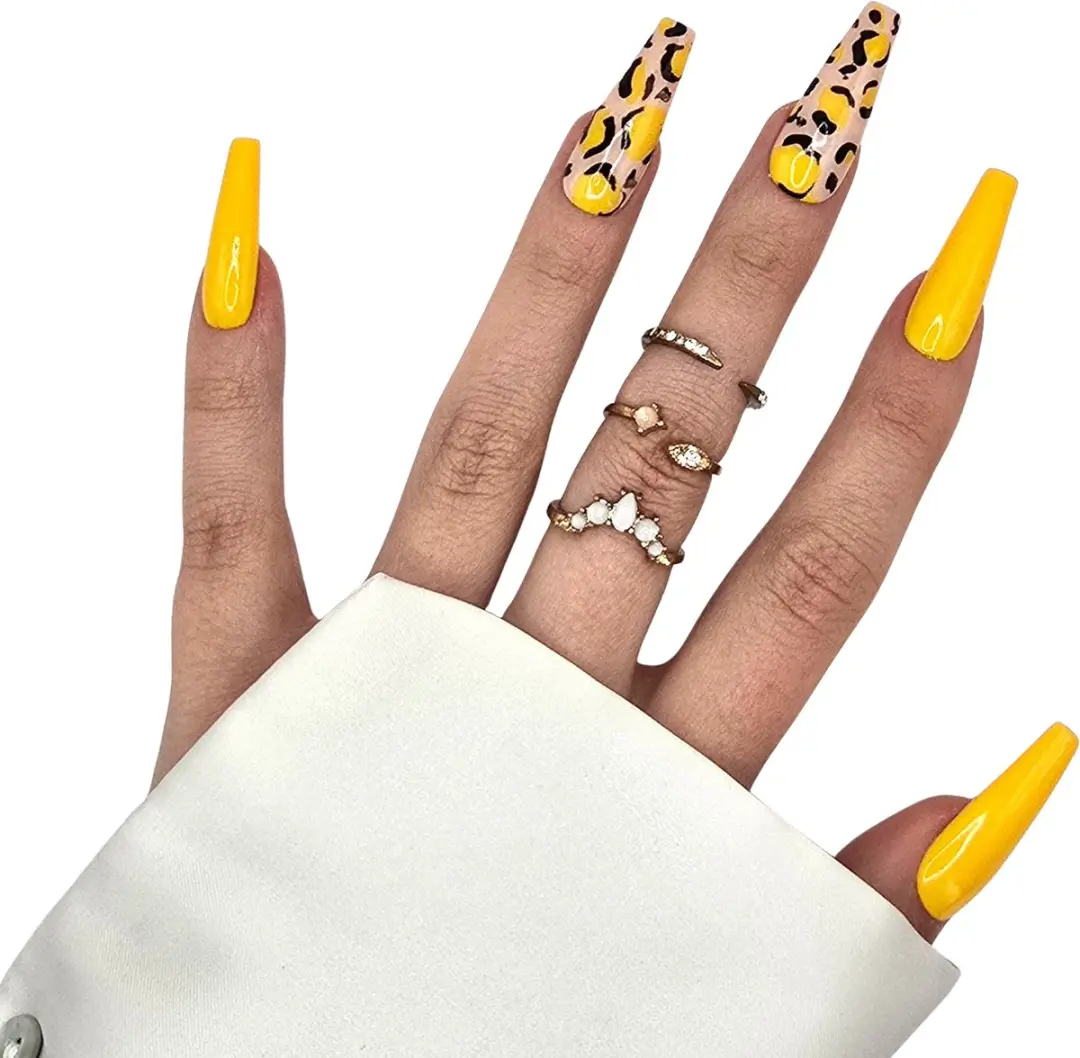 SD Press on Nails B-265 XL Coffin Geel Leopard - 20 Stuks