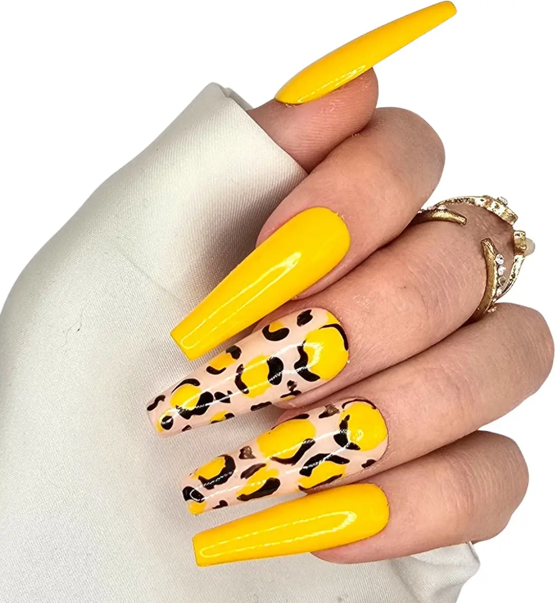 SD Press on Nails B-265 XL Coffin Geel Leopard - 20 Stuks