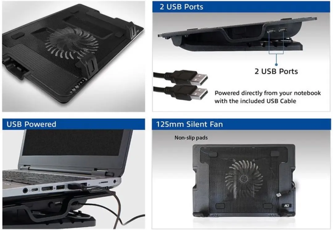 ACT AC8110 Laptopstandaard met ventilator - 13-17.3" - 5 standen - 2-poorts hub
