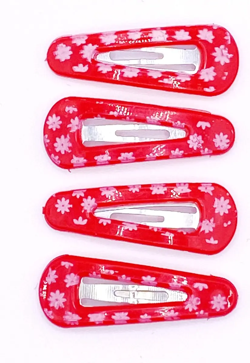 Hairmode Klik-Klak Haarspeldjes - 4 Stuks - Rood met Bloemetjes