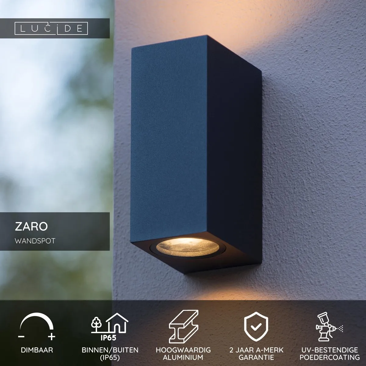 Lucide ZARO Wandspot 2xGU10 IP65 - Zwart