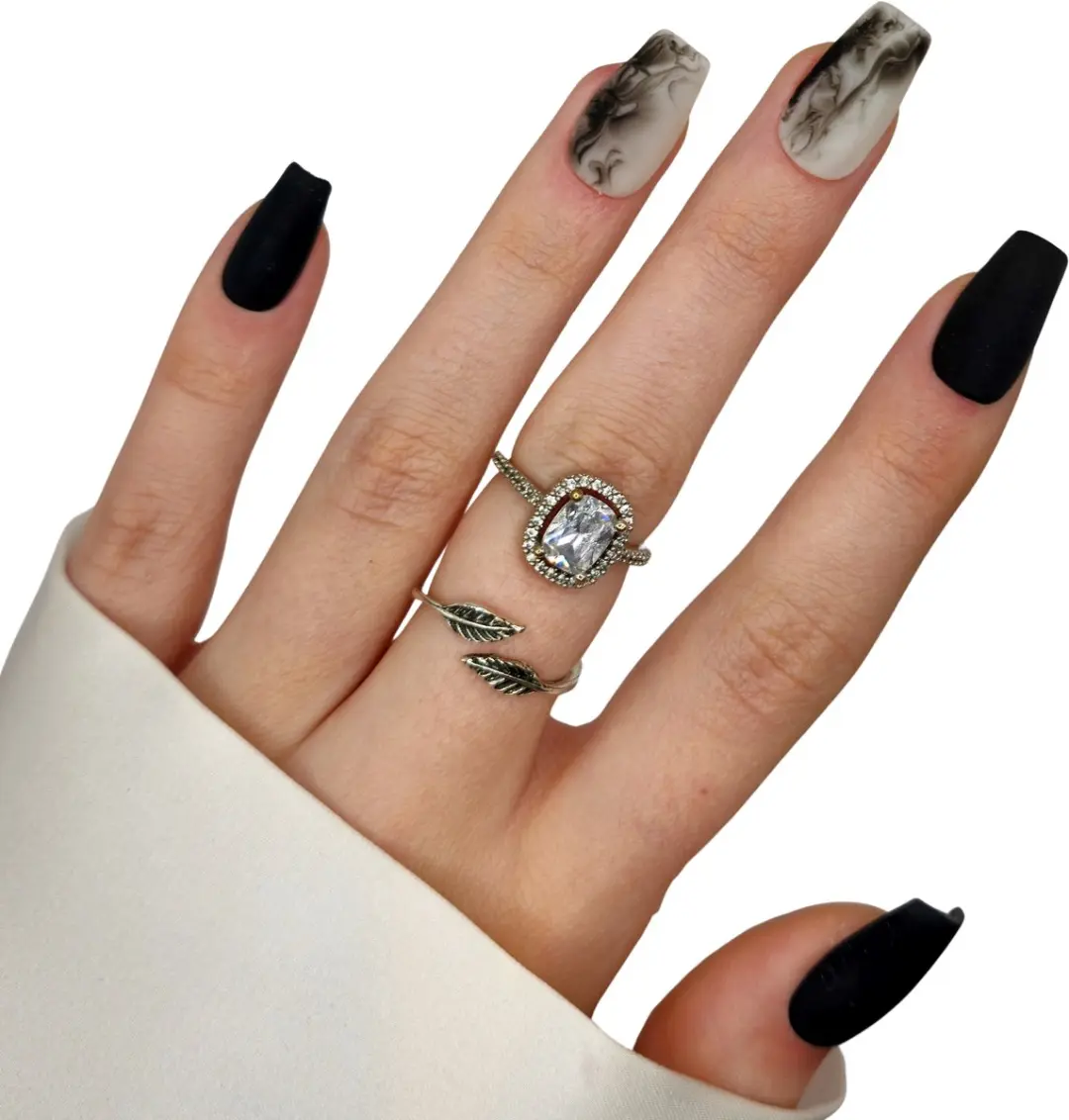 SD Press on Nails B190 Plaknagels - Medium Coffin - Zwart Matte Smoke - 20 Stuks