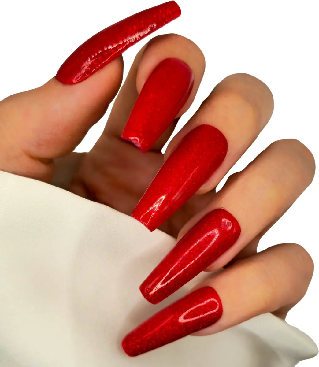 SD Press on Nails B-284 Rode Glitter XL Coffin Plaknagels - 20 Stuks