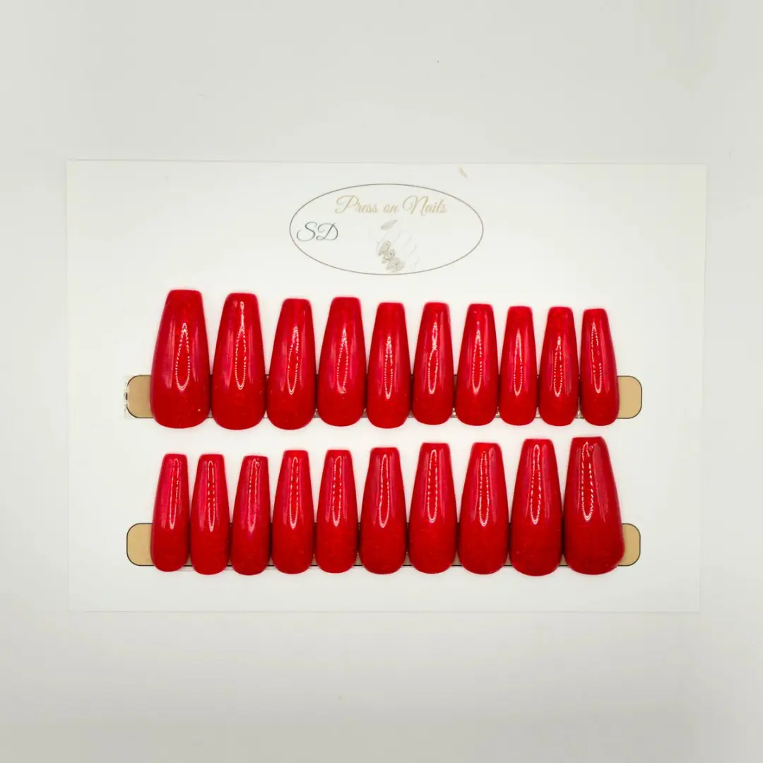 SD Press on Nails B-284 Rode Glitter XL Coffin Plaknagels - 20 Stuks