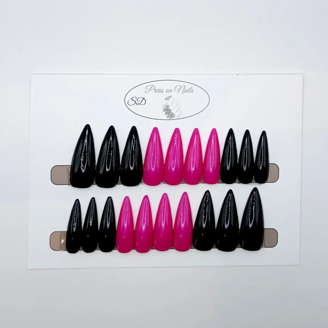 SD Press on Nails B-242 XL Stiletto Kunstnagels - 20 Stuks - Zwart Roze