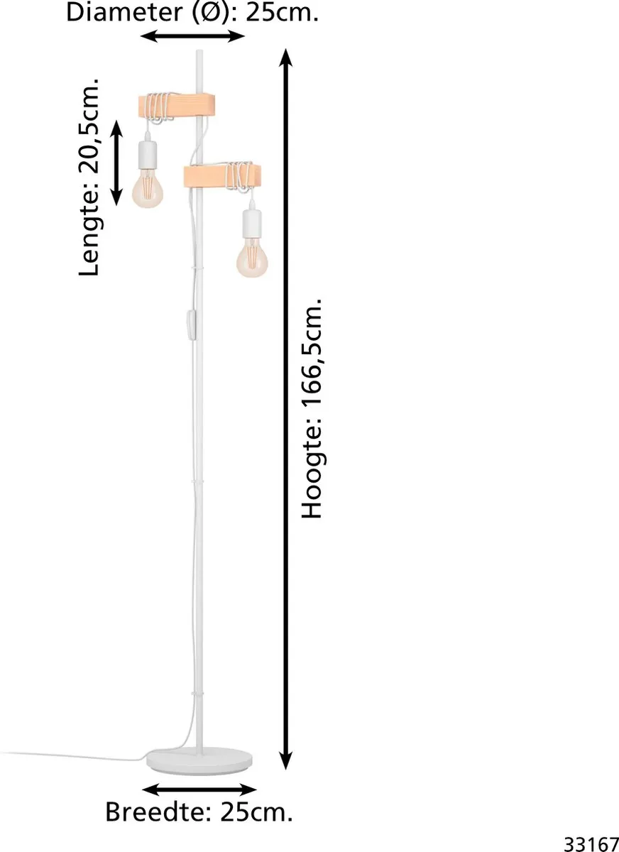 Eglo Townshend Vloerlamp - 2x E27 - 166,5 cm - Wit/Bruin - afbeelding 6 van 6