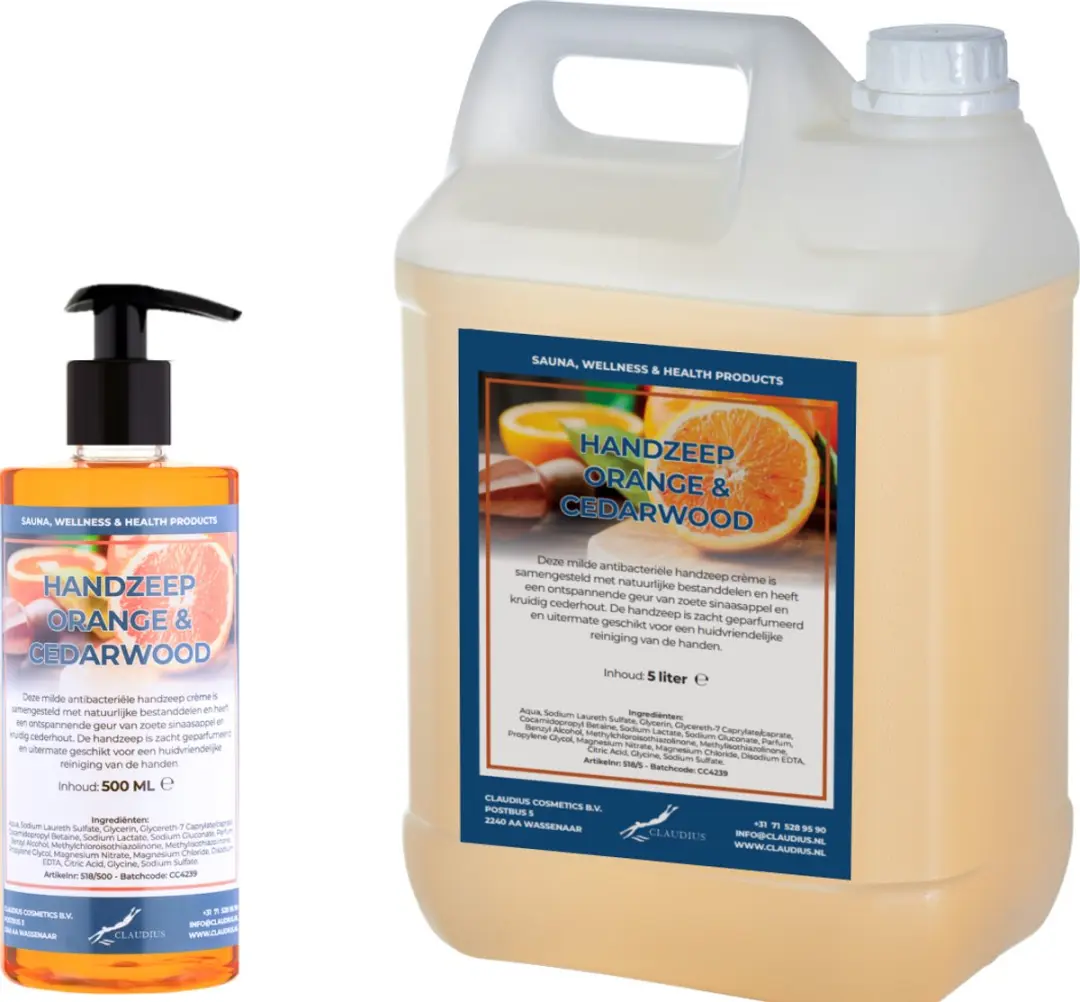 Splashbox Cosmetics Handzeep Sweet Orange & Cedarwood 500ml + 5L Navulling