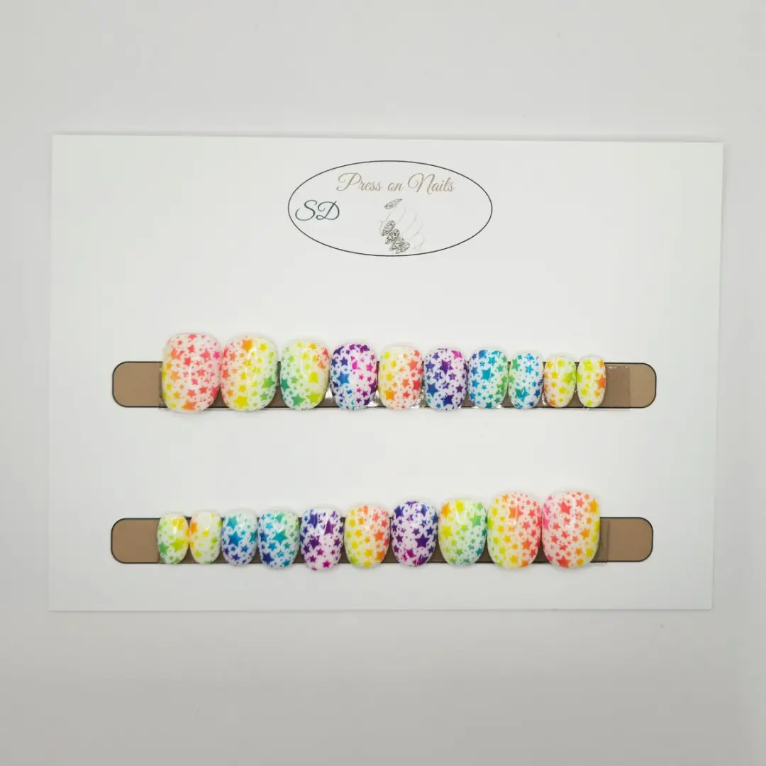 SD Press on Nails B62 Plaknagels - Sterren Neon - 20 Stuks - Multi