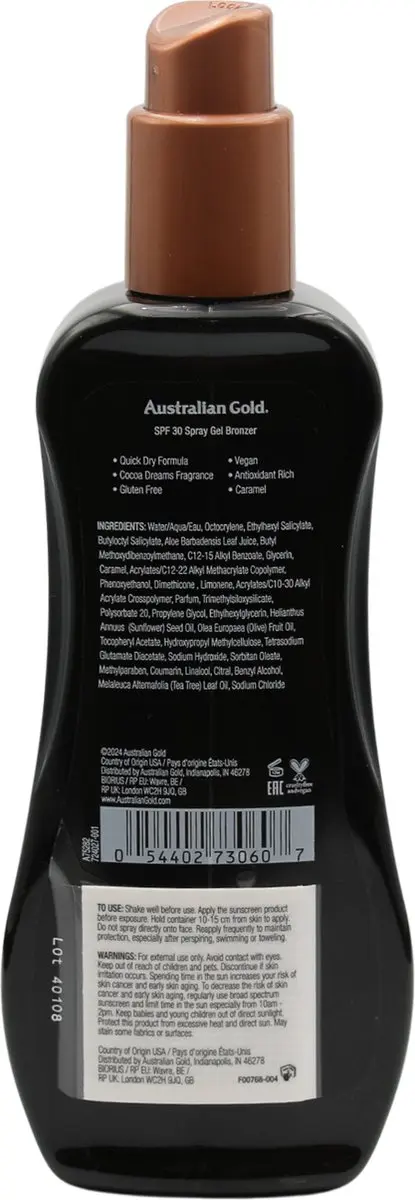 Australian Gold SPF 30 Spray Gel met Bronzer 237ml