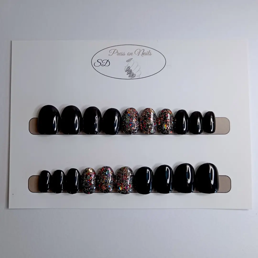 SD Press on Nails B-169 Plaknagels - 20 Stuks - Zwart Multi Glitter