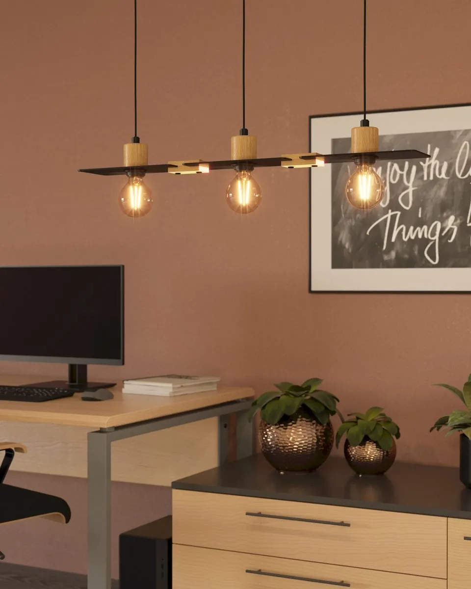 Eglo Bramerton Hanglamp 3x E27 - 81cm - Zwart/Bruin - afbeelding 6 van 6