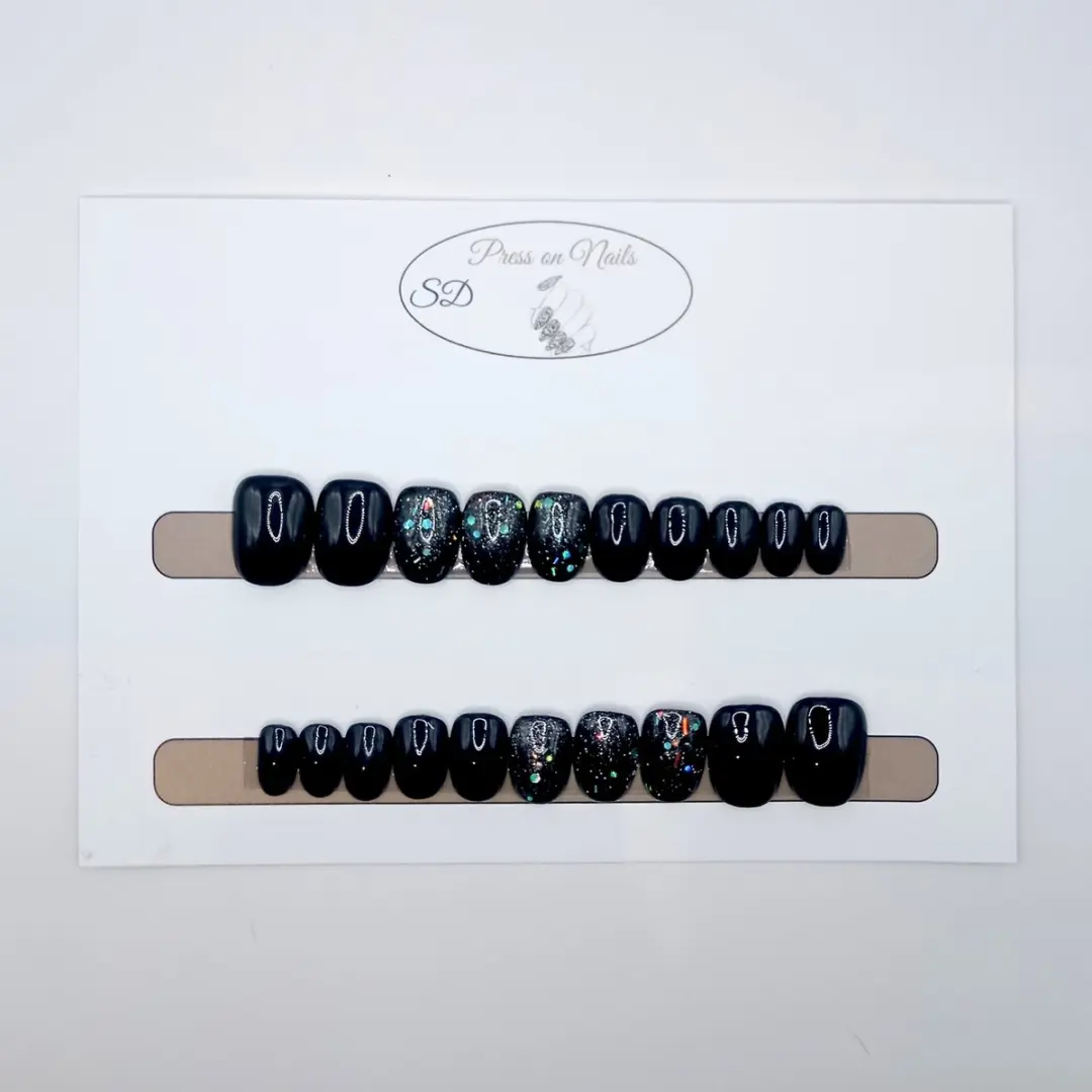 SD Press on Nails B-38 Nagelset - 20 Stuks - Zwart Glitter Blauw